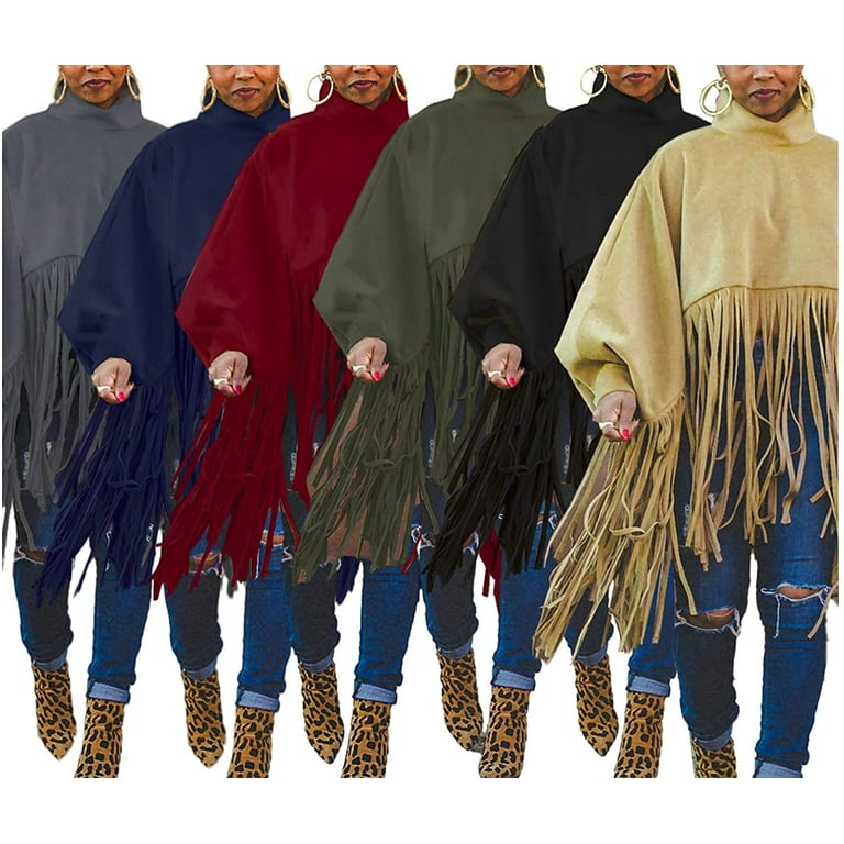 Scrupulous Snestorm Auckland Womens High Neck Long Sleeve Fringe Top Plus Size Tassel Pullover Poncho  Coat - Walmart.com