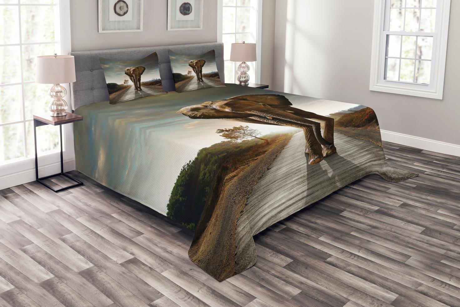 Elephant Bedspread Set Queen Size, Lonely Animal Walking Down a Road