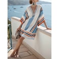 thumbnail image 4 of Women Beach Boho Color Block Swing Flowy Mini Dress Half Sleeve V Neck Side Slit Short Dress Blue Orange Stripe XL, 4 of 5