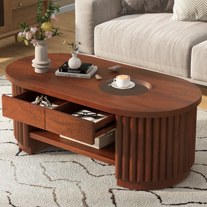 Mid-Century Modern Oval Coffee Table with Drawers & Tempered Glass Inset Top, 2-Tier Fluted Center End Table with Open Shelf