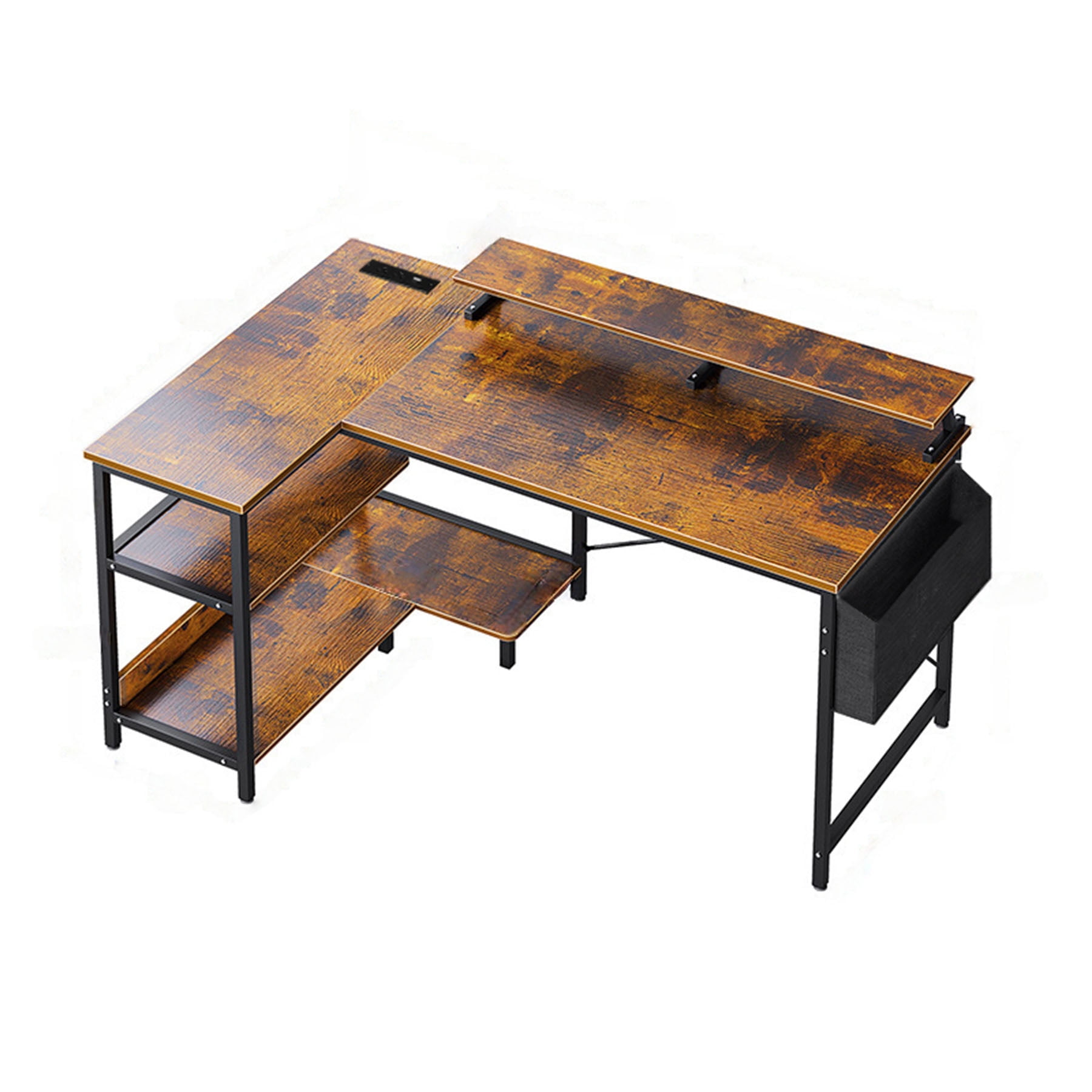 CQSXDA 47 Inch Reversible L Shaped Gaming Desk with Power Outlets Storage Shelves for Small Space Home Office
