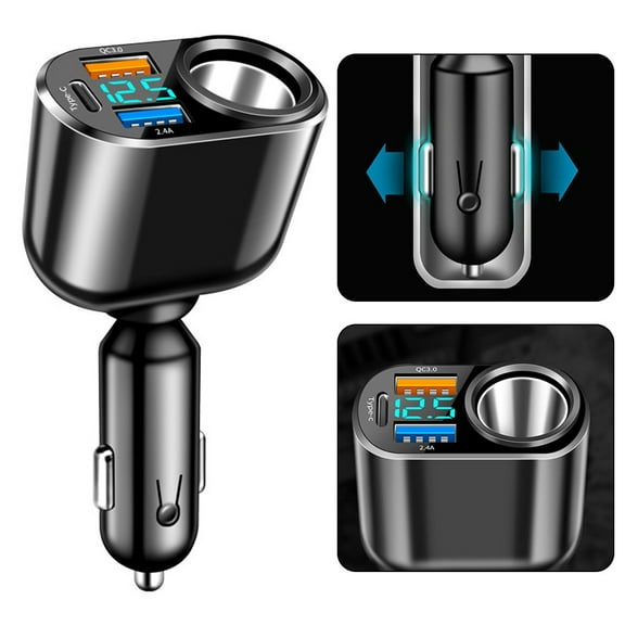 66W Car Cigarette- Lighter- Socket Splitter Charger PD- QC-3.0 Fast Charger 3 Ports- Car Charger With LED- Display Power Adapter