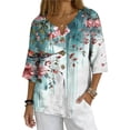 thumbnail image 2 of Linen Blouses for Women Summer V Neck 3/4 Sleeve T Shirts Vintage Floral Print Blouse Button up Tops Dressy Casual Vacation Outfits, 2 of 7