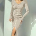 thumbnail image 3 of yillto Women Knit Dress Split Long Sleeve Ruched Slim Midi Dresses High Waist Ribbed Formal Outfits, 3 of 7