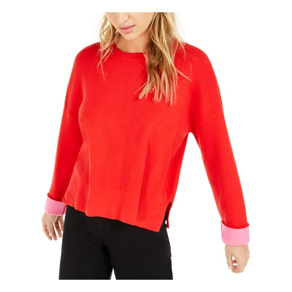 Bar III Womens Contrast Cuff Crewneck Sweater Red L