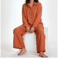 thumbnail image 2 of Amzcrzy Two Piece Sets for Women 2026 Solid Color Spring Outfits V Neck Button Down Shirt with Roll Tab Sleeves Wide Leg Pants Lounge Sets with Pockets Dressy Casual Loungewear Sets Orange 3XL, 2 of 8