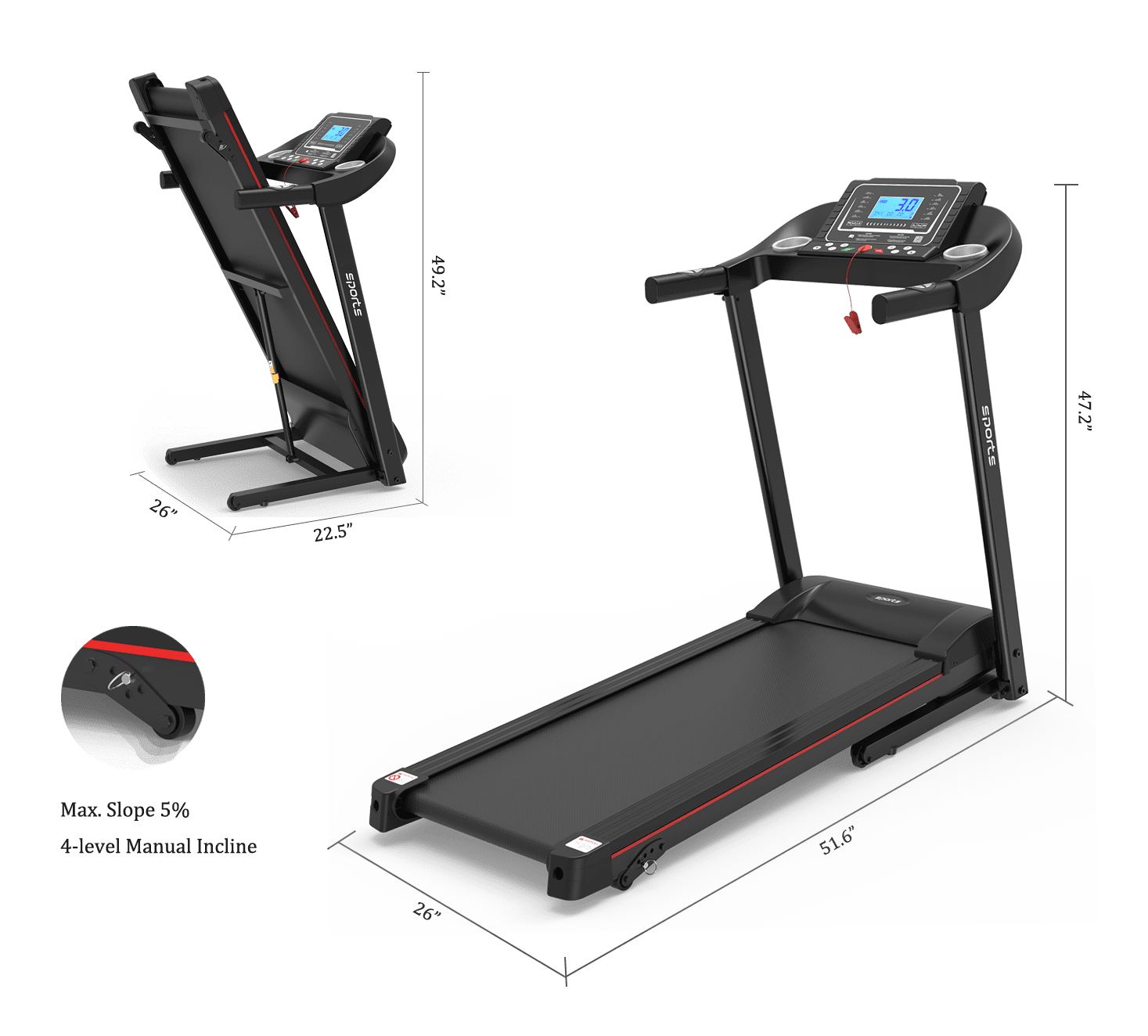Sport Foldable Treadmill 2.0HP Electric Treadmill with Bluetooth and cell phone support weighs 260 LBS