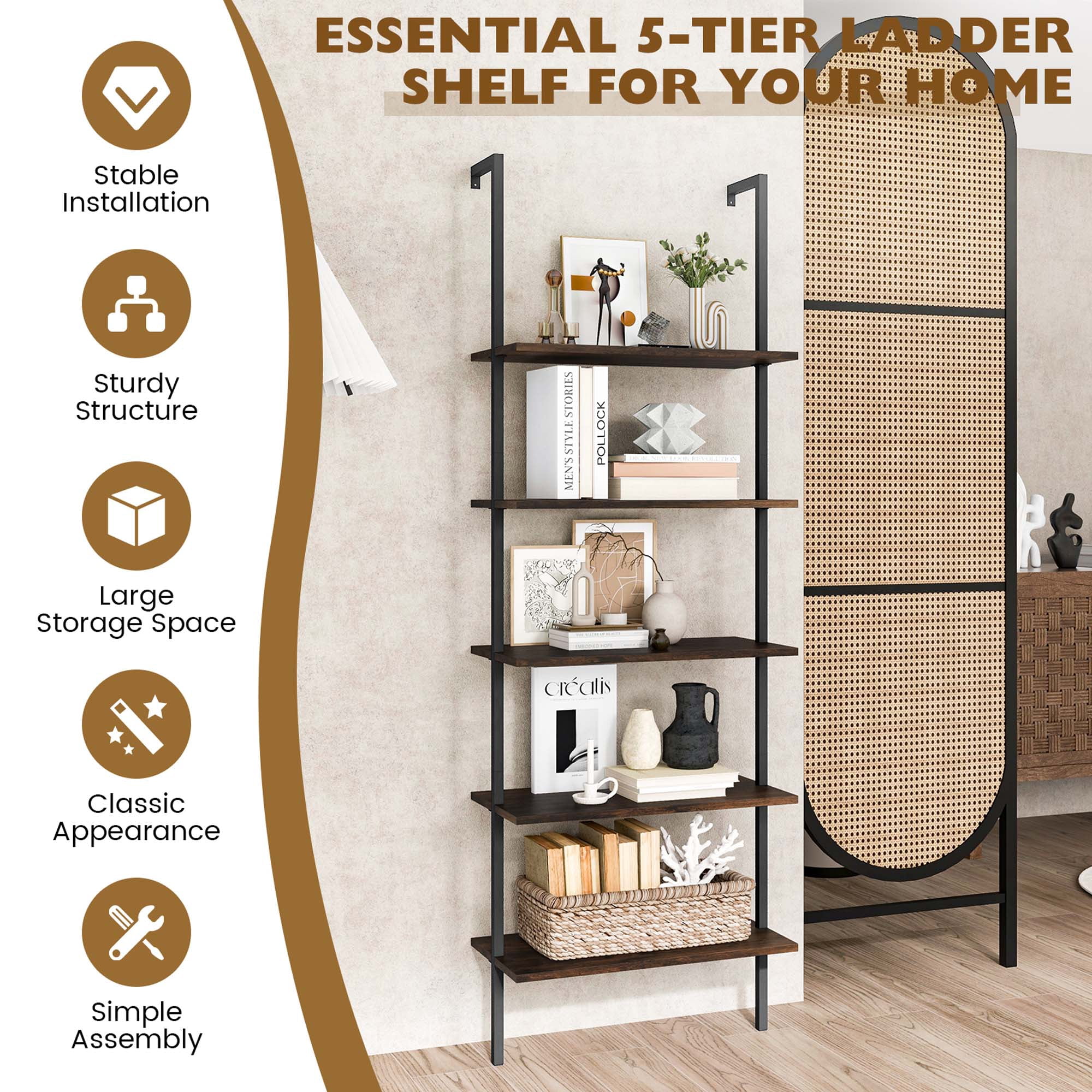 Costway 5 Tier Ladder Shelf 71'' Height Wall-Mounted Bookshelf Display Storage Organizer Brown