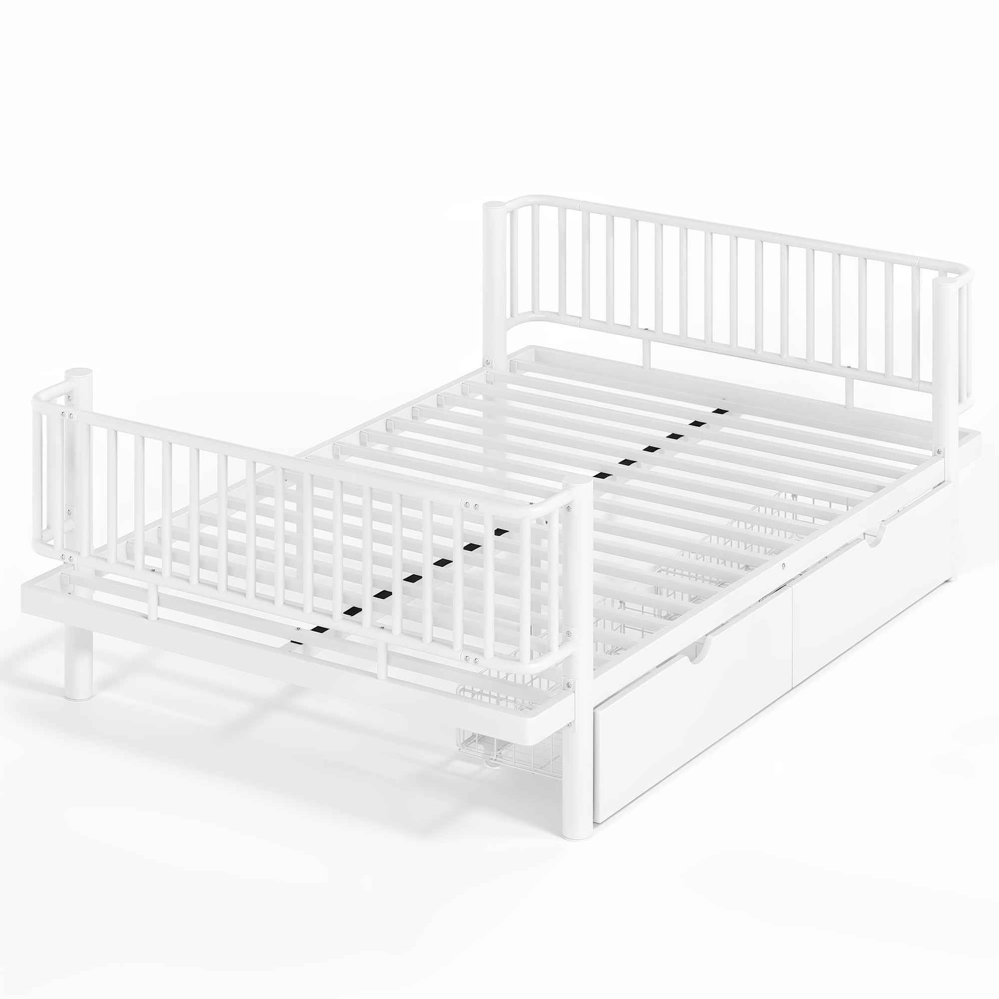 Miniyam Full Metal Daybed Frame with Storage Drawers, Low Profile Platform Bed with Guardrails, White