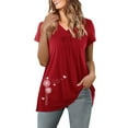 thumbnail image 1 of Pompotops T-Shirt à Manches Courtes Imprimé Col en V Plissé Décontracté d'Été pour Femmes, 1 of 9