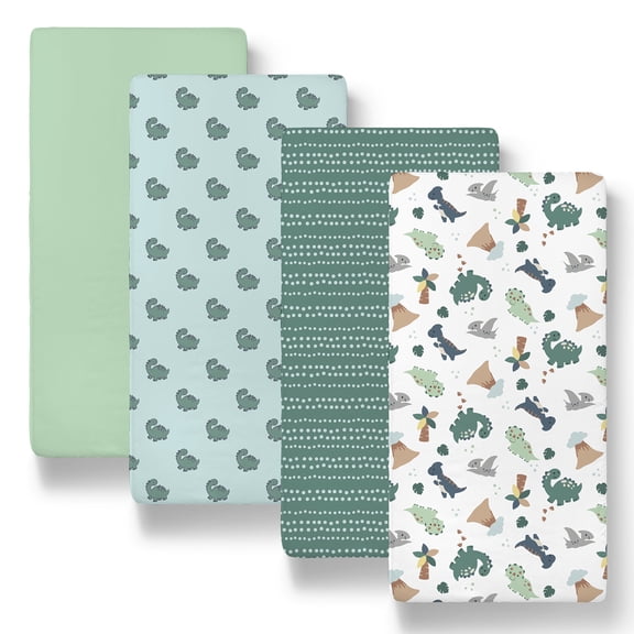 The Peanutshell Baby Bassinet Sheets for Newborns with Green Dino Design, 4-Pack