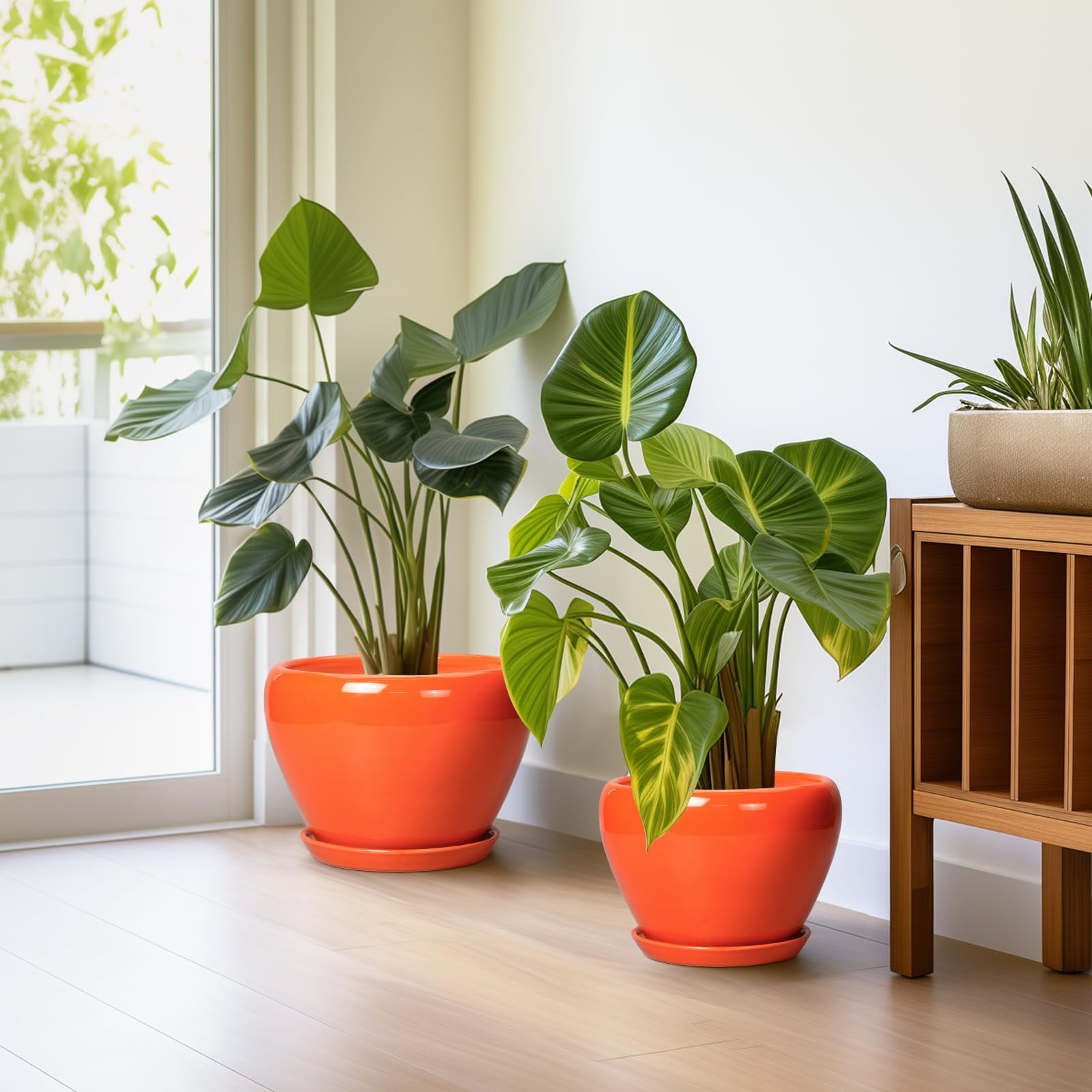 Ceramic Planter Pots Set of 3 with Drainage Hole & Saucer,10/8/6 inch Round Pots for Indoor Plants Flowers & Houseplants Patio & Outdoor Use Orange
