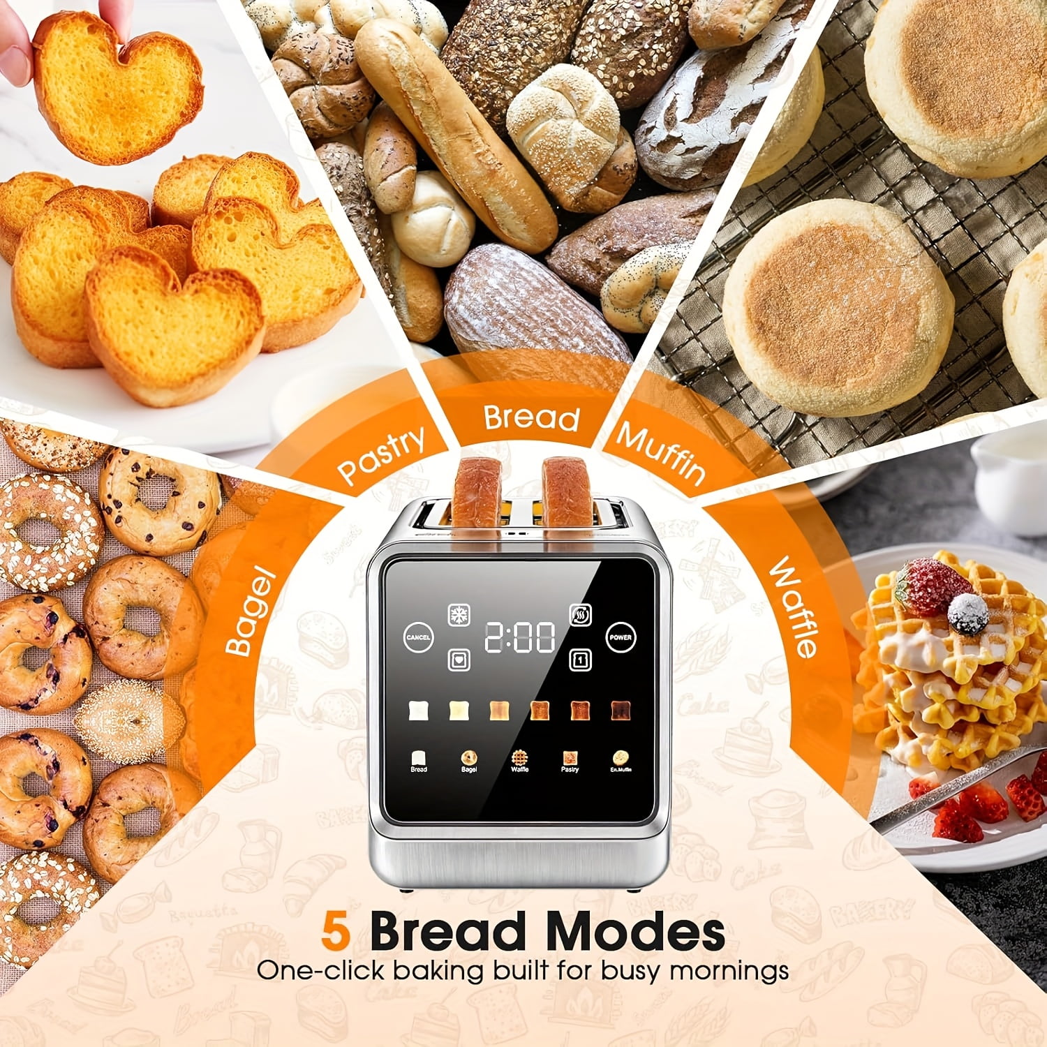 2-Slice Touch Screen Stainless Steel Toaster | Smart Digital with Memory Function, 5 Bread Types & 6 Shade Settings, 1.5" Wide Slot, 900W Power