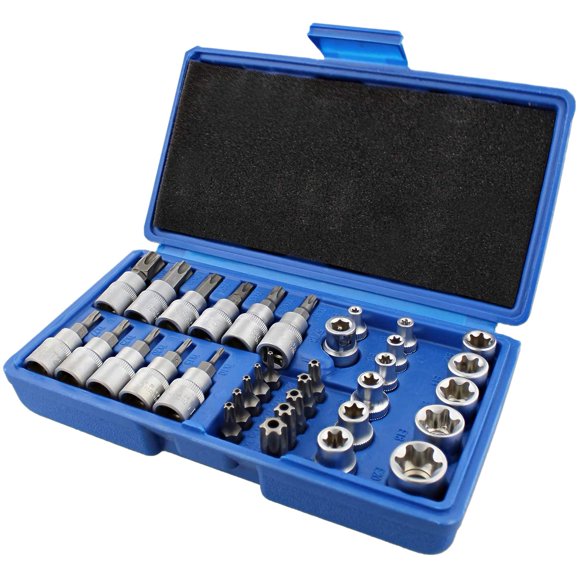 34Pcs Torx Socket Set Triple Square Socket Set Torx Bit Socket Set Star Bit Set Male Female Set,11 x Bit socket 12 x E socket 10 x Torx bit 1 x Bits holder,Blue