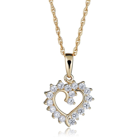 AVORA 10K Yellow Gold Simulated Diamond CZ Sunburst Heart Pendant Necklace with 18" Chain