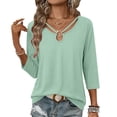 thumbnail image 6 of ClodeEU Women's V Neck 3/4 Sleeve Blouse,Casual Solid Color Top with Keyhole Neck Mint Green,Women's Plus S, 6 of 7