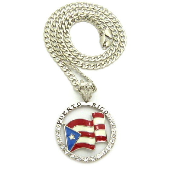 Puerto Rico Flag Hollow Round Stone Studded Pendant w/ 7mm 30" Cuban Chain Necklace, Silver-Tone