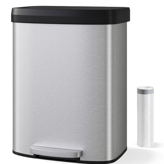 YUSAZENS 60L Kitchen Garbage Can with Liner Rim and Soft Close Plastic Lid, Durable and Elegant, Silver Color
