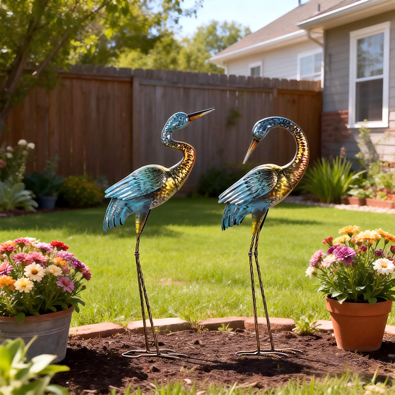 Metal Garden Statues, Standing Blue Heron Decor, 2-Count