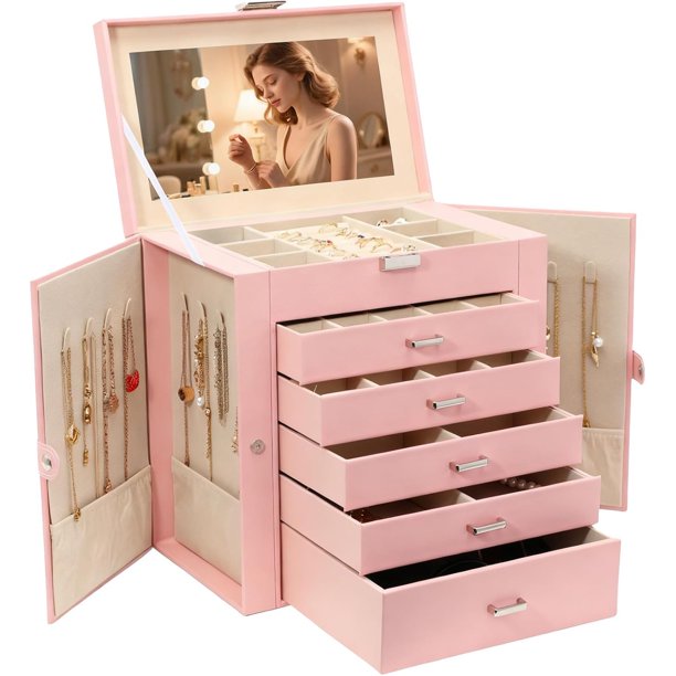 Caja de joyería para mujeres, organizador de joyas con espejo, caja de almacenamiento multifuncional con cerradura, soporte para collares con cajones, para aretes, collares y