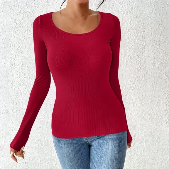 Uootdi Women's Long Sleeve Shirts Scoop Neck Casual Slim Fit Lightweight Stretchy Rib Knit Gift Tops Summer Fall Basic Y2K Tee