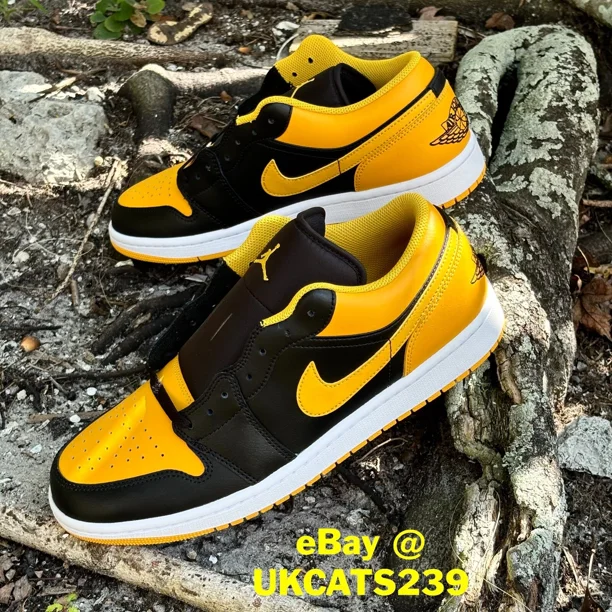 N I-K-E A i r-Jor-dan 1 Low Shoes Black Yellow Ochre White 553558-072 Men's Sizes NEW