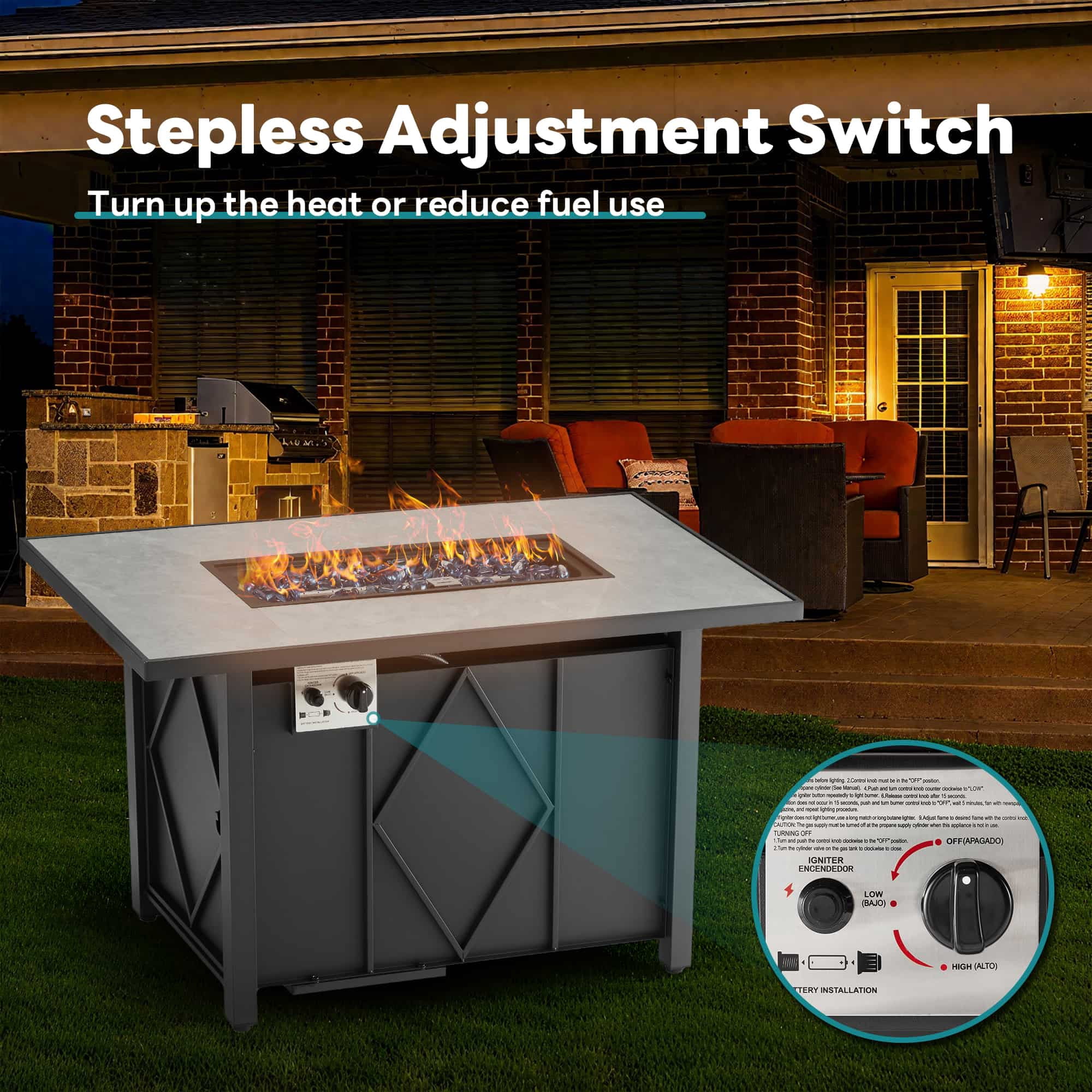 Simenmax 43'' Propane Fire Pit Table, 50,000 BTU Square Outdoor Gas Firepit with Steel Tabletop for Garden, Patio, Deck, Yard