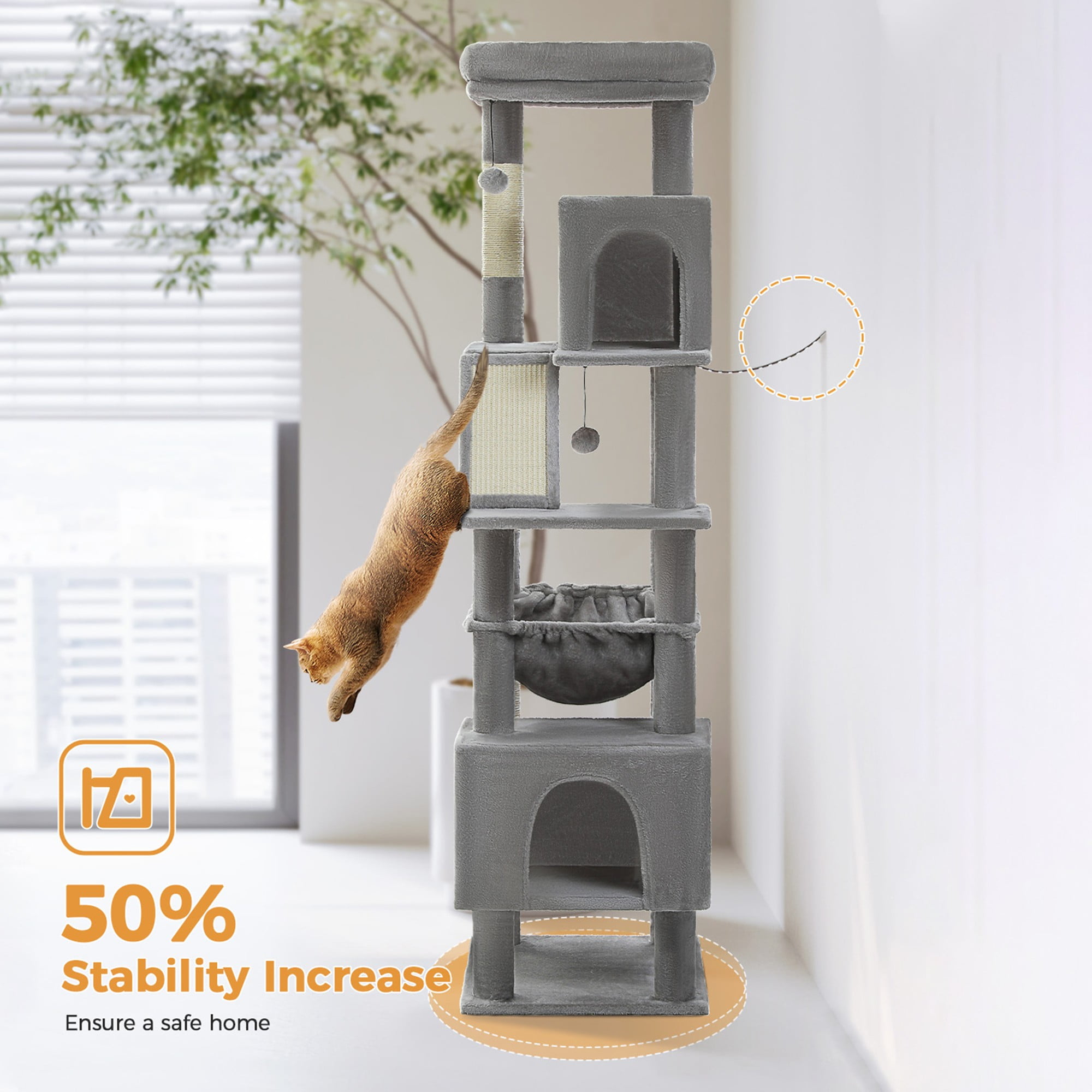 Kadyn 71" Large Cat Tree Tower for Indoor Cats, Multi-Level Cat Tree House with Padded Perches, Scratcher, Hammock, 2 Cozy Cat Condos and Scratching Posts, Gray