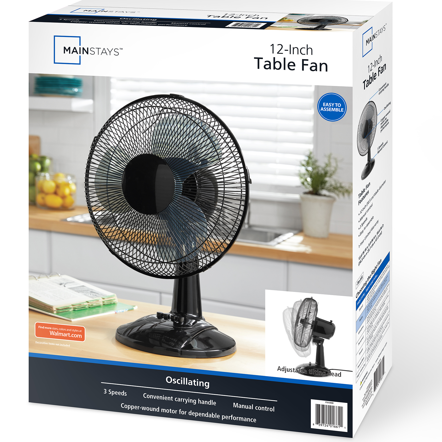 Mainstays 12" 3-Speed Oscillating Table Fan, FT30-8MBB, New, Black - image 2 of 9