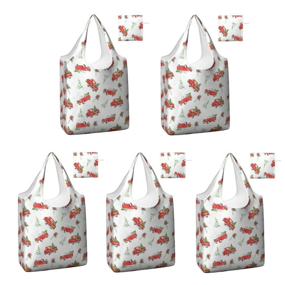 5 Pack Foldable Shopping Bag,Red Christmas Truck Pattern Reusable Grocery Bags with Pockets,Large Reusable Tote Bags with Handles Waterproof & Lightweight