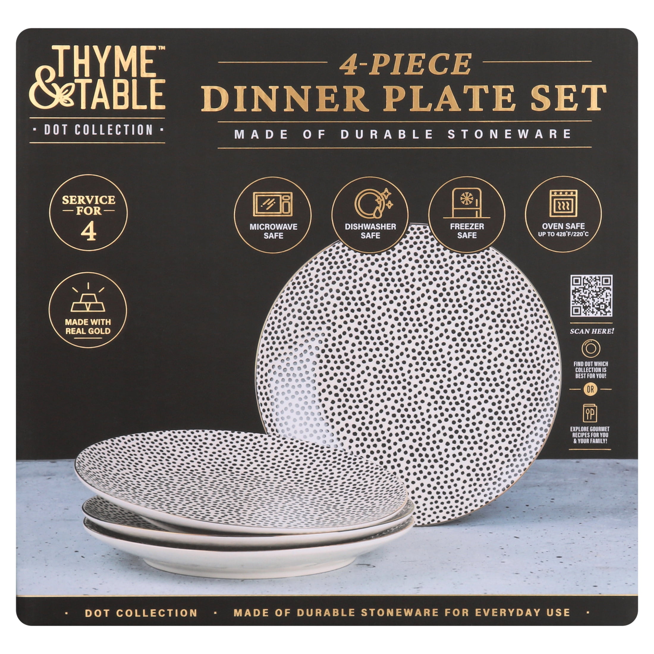 Thyme & Table Dinnerware Black and White Dot Dinner Plates, 4 pack