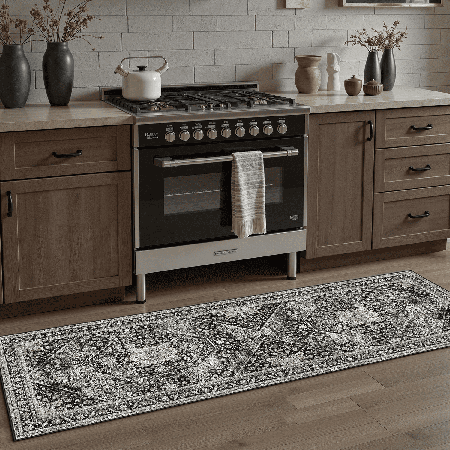 2x6 Runner Rug, Washable, Non-Slip, Stain-Resistant Low-Pile Vintage Floral Persian Rug for Kitchen, Entryway, Passage, -Black