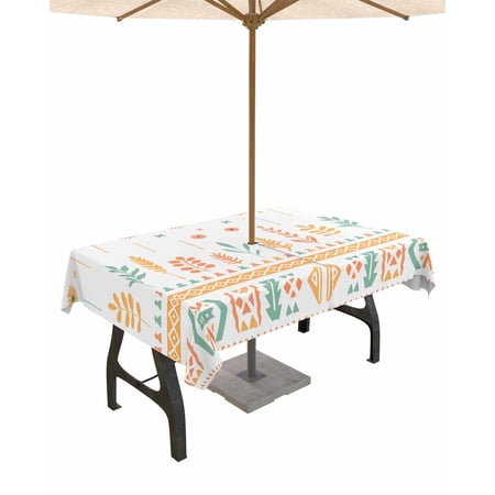 Aztec Geometric Floral Pattern Rectangle Tablecloth with Zipper Waterproof Table Cloth with Umbrella Hole Patio Tablecloths for Outdoor Tables Watercolor Flowers Plants Spillproof Table Cover