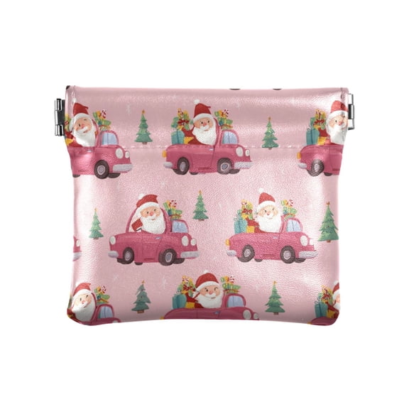 PU Leather Coin Purse Wallet Compact Water-Resistant Card Cases Money Organizers Santa Claus Driving in Red Cars