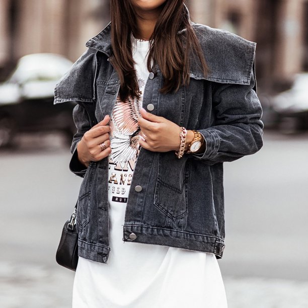 Abrigo de chaqueta de mezclilla con botón de bolsillo de manga larga de color sólido informal de moda para mujer Fridja po1987