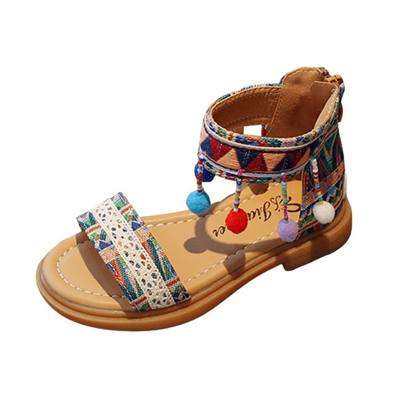 Boho Tassel Sandals for Girls Toddler Kids Ethnic Beach Multicolor Open Toe Summer Flat Dress Shoes