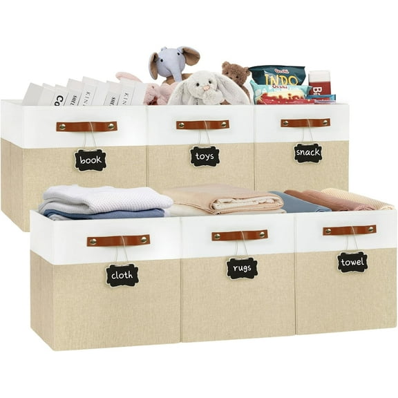 13x13 Cube Storage Bins, Collapsible Fabric Storage Baskets with Reinforced Bottom & Handles, for Shelves, Closets, Nursery,Home Organization (6 Pack,White/Khaki)