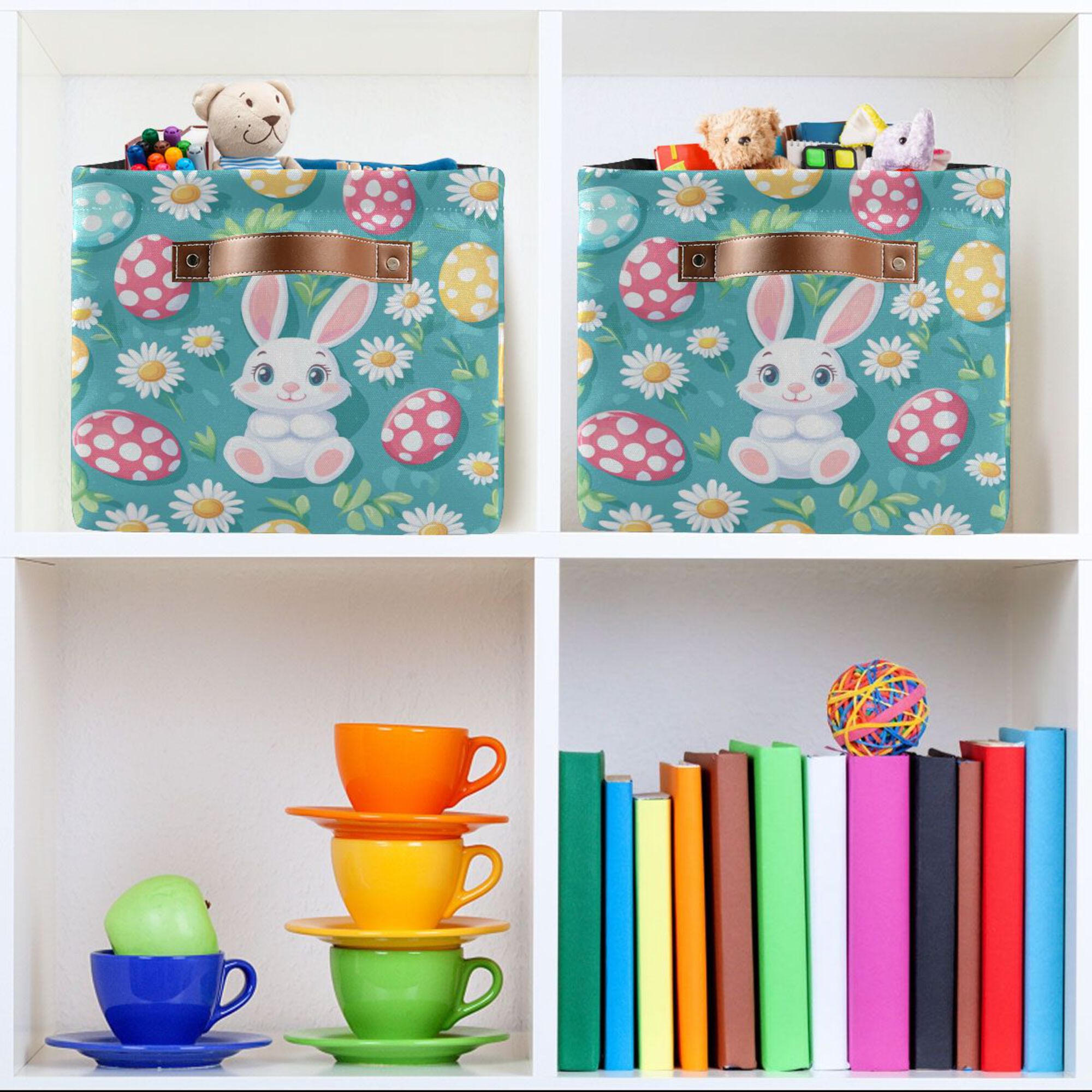 Yayeee 2 Pack Canvas Storage Basket with Handles for Shelves Fabric Bins Closet Organizer, Cartoon Easter Bunny