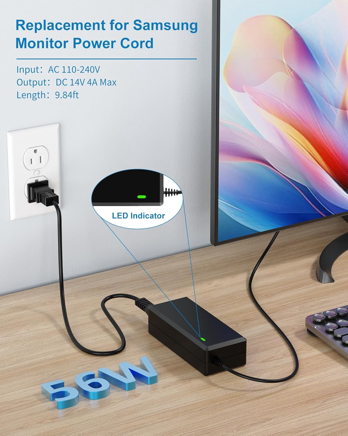 for Samsung Monitor Power Cord DC 14V 4A for Samsung SyncMaster 32” 27" 24" 22" 23" 20" 19" 18" 17" 15” Screen LED LCD TFT Monitor TV Power Supply Cord