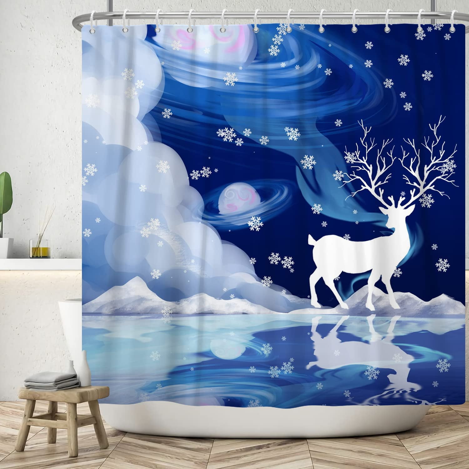 Newhomestyle Blue Christmas Reindeer Shower Curtains Xmas Elk Shower