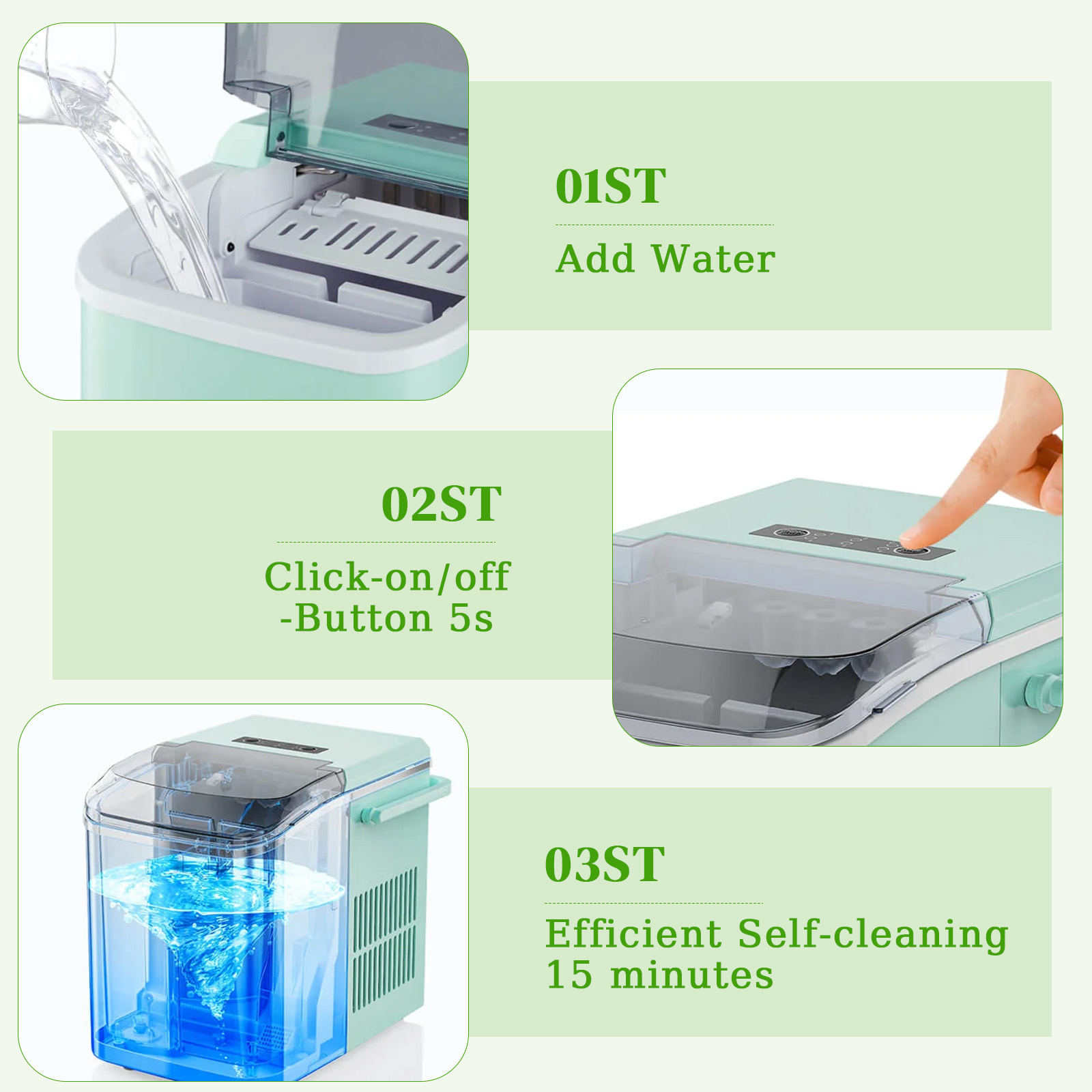 Haysky Countertop Ice Maker, 26 Lbs/24H, Ice in 6Mins, 2 Sizes, Self-Cleaning Portable Ice Machine Countertops for Home, Office, RV, Camping, Green