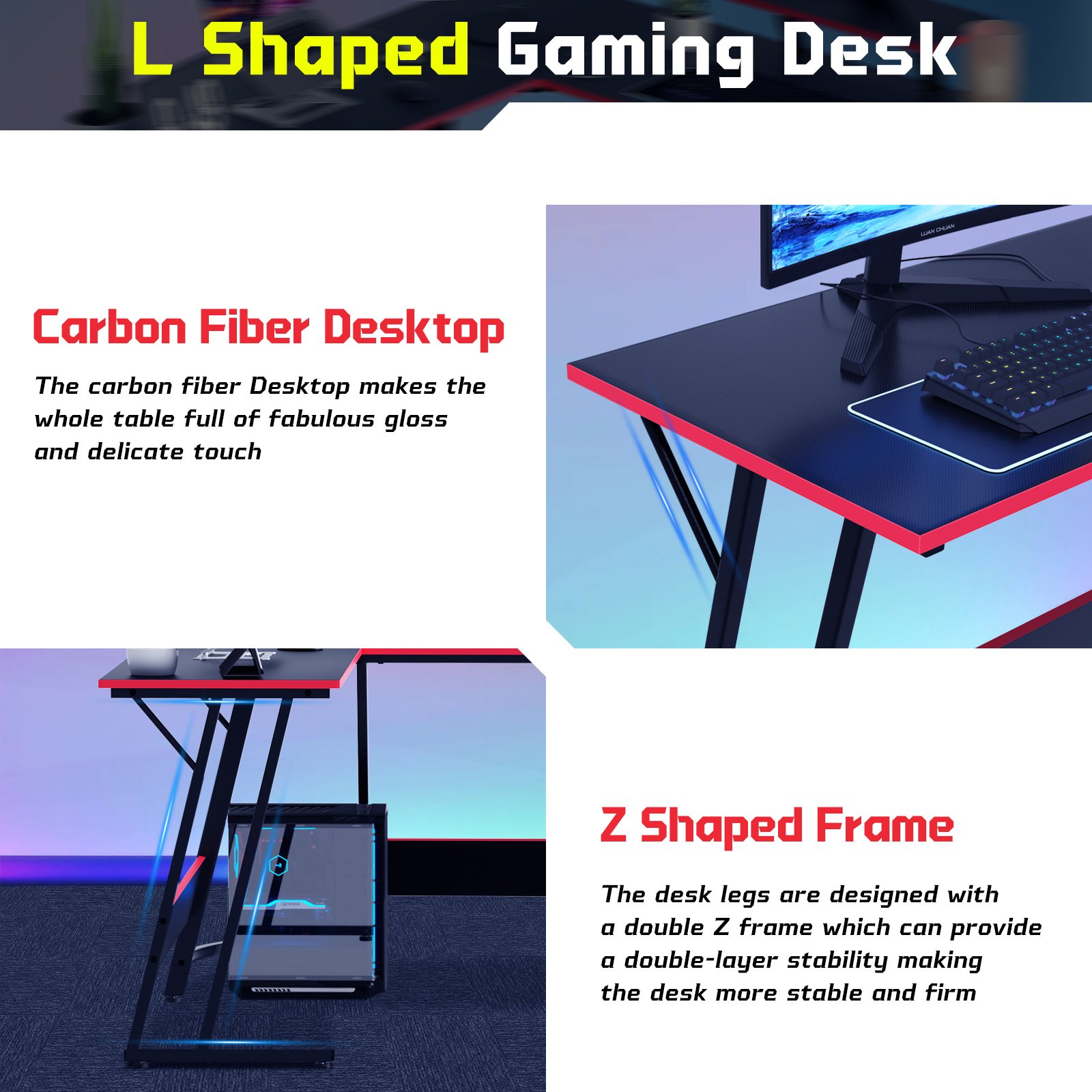 Dkelincs L Shaped Gaming Desk, 50.4" Corner Computer Desk PC Game Table with Monitor Stand Large Desktop for Home Office Study Writing Workstation, Black