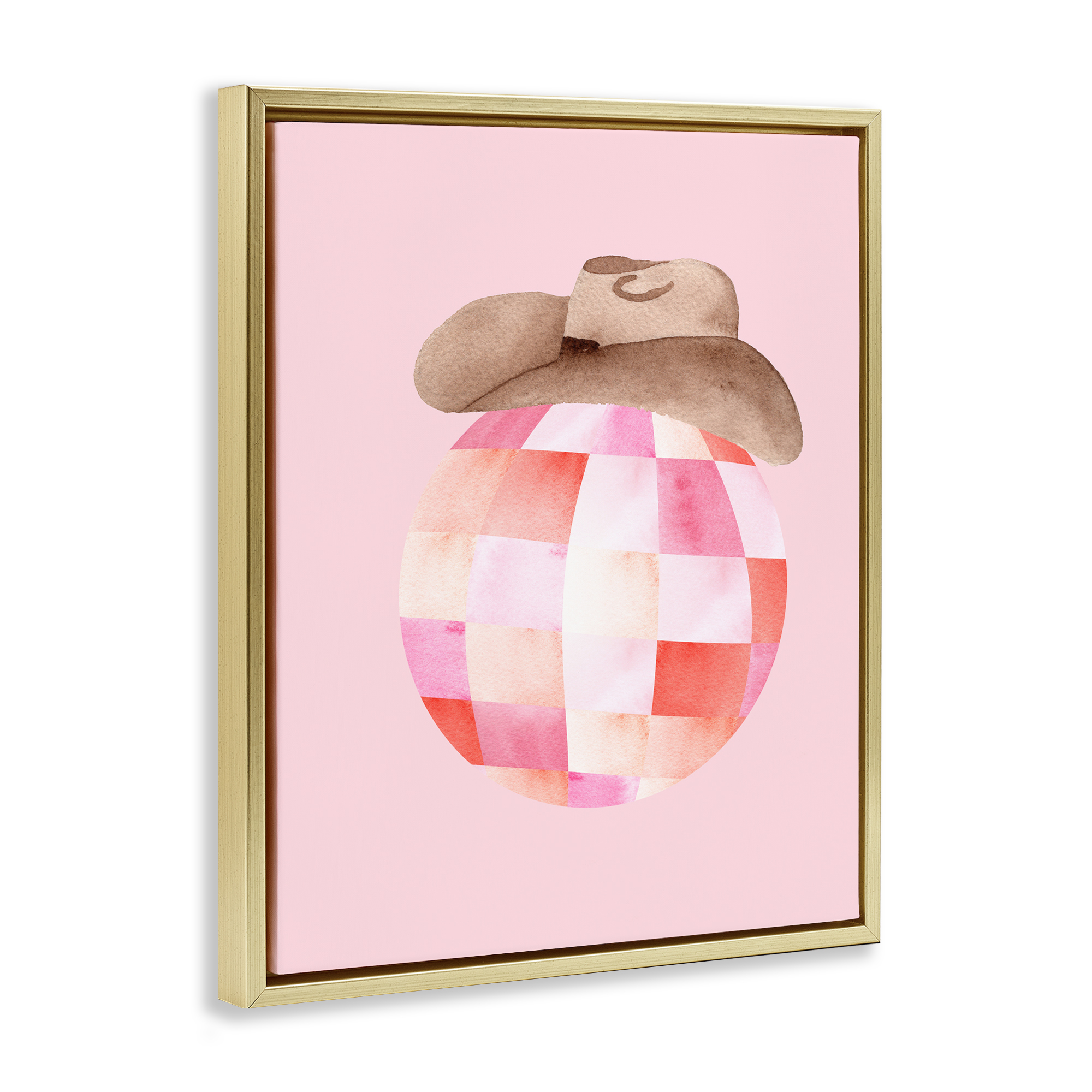 Rosy Disco Cowgirl Hat Gold Framed Floater Canvas Wall Art, design by Nina Jacobs