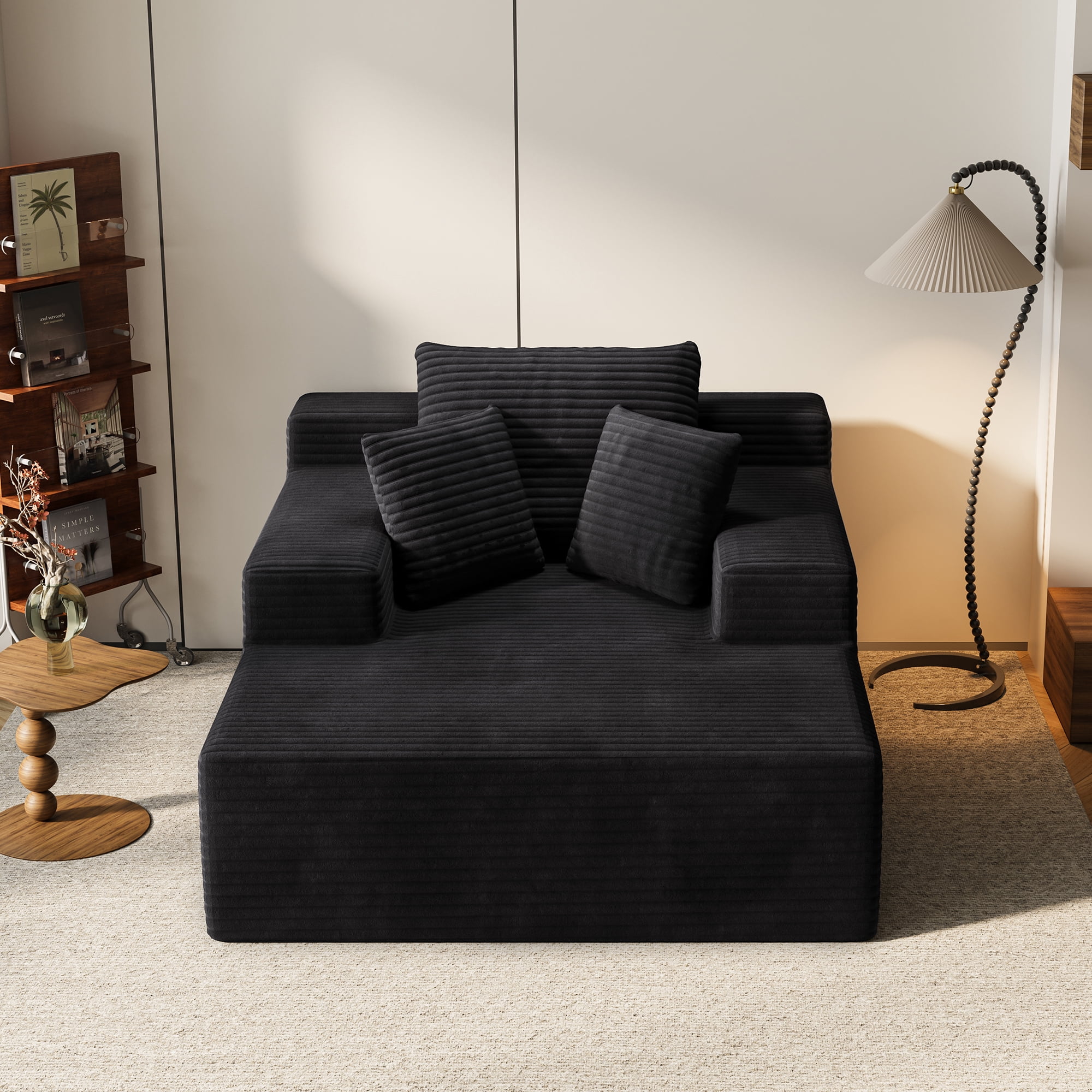 Recliner Sofa Bed, Extra Large Lounger, Deep-Seat Corduroy Sleeper, 600 Lbs Capacity, 64.96-Inch Width, 30.31-Inch Seat Depth, Upholstered Foldable Design for Living Room Bedroom, Black