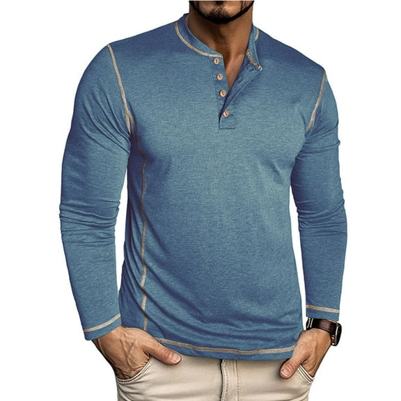 Royisotas Mens Lightweight Shirts Winter Button Down Tops Pullover Long Sleeve Henley Crewneck Blue T Shirts for Men Warm