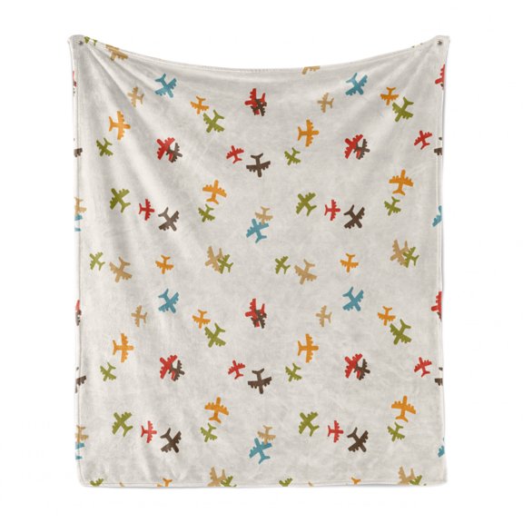 Airport Soft Flannel Fleece Throw Blanket, Minimal Design Pattern with Cartoon Colorful Plane Silhouettes, Cozy Plush for Indoor and Outdoor Use, 60" x 80", Eggshell and Multicolor, by Ambesonne