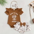 thumbnail image 2 of CAUYDY Infant Baby Summer Clothes Set for Newborn Girl Short Sleeve Romper + Cute Print Skirt + Bow Headband 3PCS for Toddler Girls Outfits 3-24Months (Sizes 3-6 Months,F2-Brown), 2 of 7