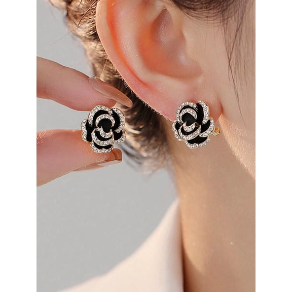 Black Rose Flower Stud Earrings With Crystal Accents, Fashion Jewelry For