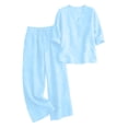thumbnail image 2 of Lightweight Linen 2 Piece Outfit, Women's V-Neck 3/4 Sleeve Top & Loose Wide Leg Pants for Summer & Travel, Sky Blue S, 2 of 9