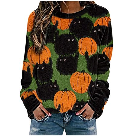 

Women Shirts Women s Long Sleeve Tops Cotton Shirts For Pullover Shirts Halloween Fashion Women s Casual Printed Ladies Sweatshirt Tops White Undershirt Scrubs Tshirt Casual (XL Green) TBKOMH